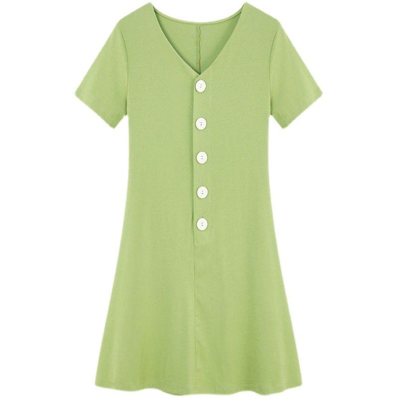 Summer new V-neck button short-sleeve dress, solid color, versatile elegant A-line skirt, slimming mid-length skirt