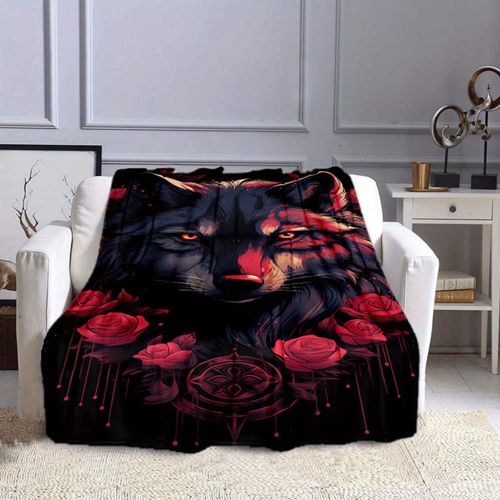 1pc Cozy Wolf Print Blanket Flannel Blanket For Sofa, Bed, Travel, Camping, Living Room, Office, Couch, Chair