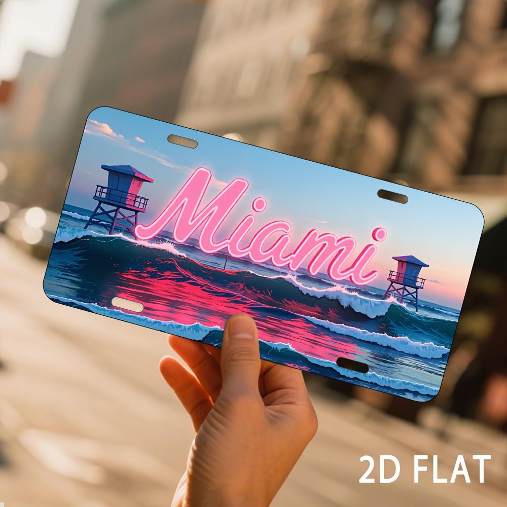 Miami Florida Neon Pink Beach Lifeguard Tower License Plate Style Aluminum Metal Sign Retro USA Travel Souvenir Wall Art Decor f 15x30cm(5.9x7.8inch)