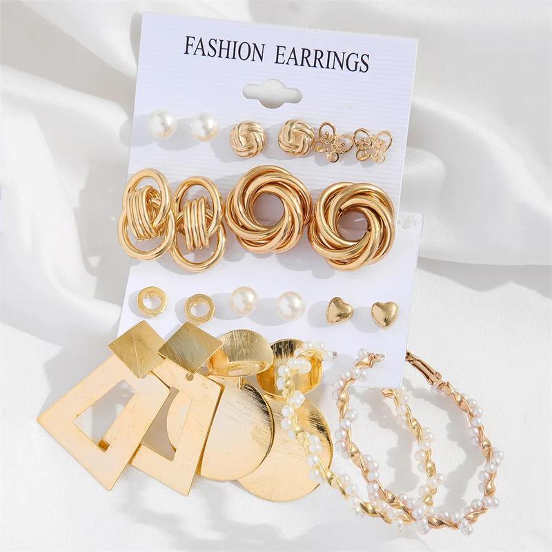 Vintage 2Sets/Pack Gold Color Metal Twist Pearl Hoop Earrings for Women Girls Geometric Knot Heart Dangle Earring Set Jewelry