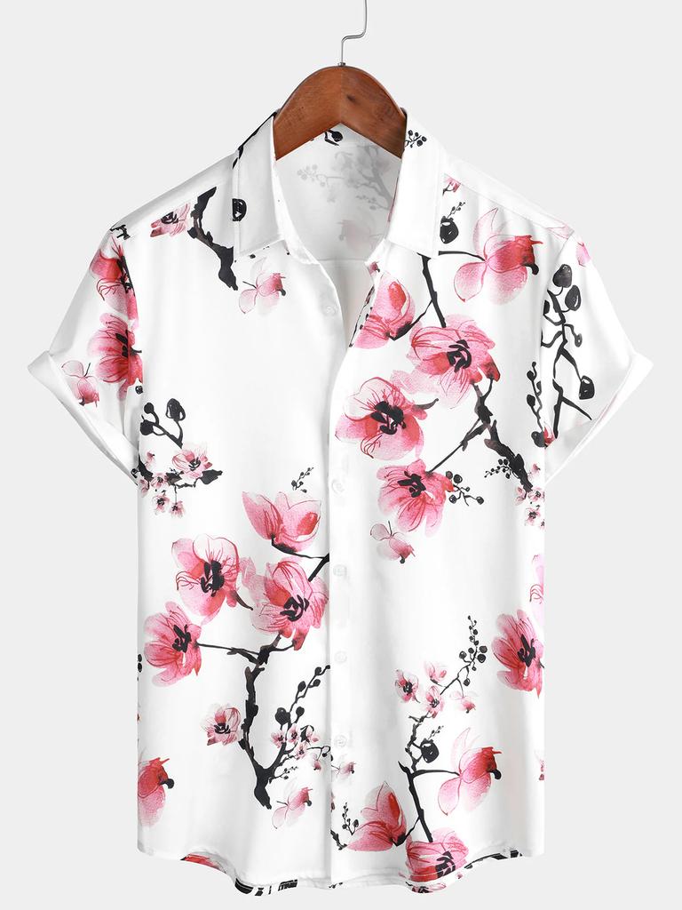 Herren Blau Floralprint Hawaiian Hemd mit Knöpfen Sommer Strand Lässig Kragen Kurzarmhemd Ropa Casual Para Hombres