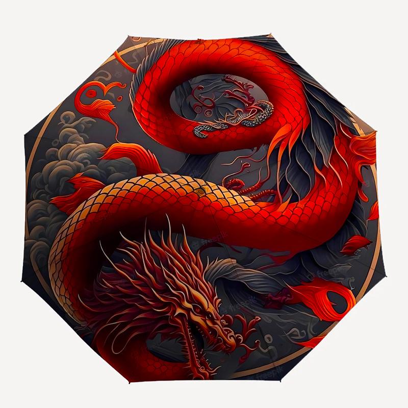 Red Dragon Yin Yang Symbol Circular Art PrintUmbrella, Portable 3-Fold Compact Umbrella for Men & Women Gift