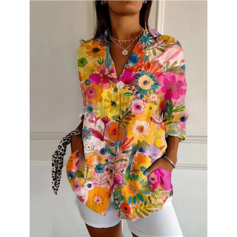 

Women s Long Sleeve V Neck Floral Print Shirt Lightweight Loose Fit Button Down Blouse Casual Summer Top with Pockets and Roll-up Sleeves L жёлтый