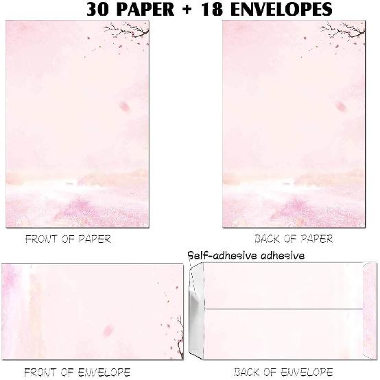 30 Stationery Writing Paper with 18 Self Adhesive Envelopes, Stationary Set for Writing Letters, Cute Stick Stationary Set, 6 Unique Designs, Double