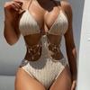 Women's Ribbed Cutout One-Piece Swimsuit Halter Monokini with Chain