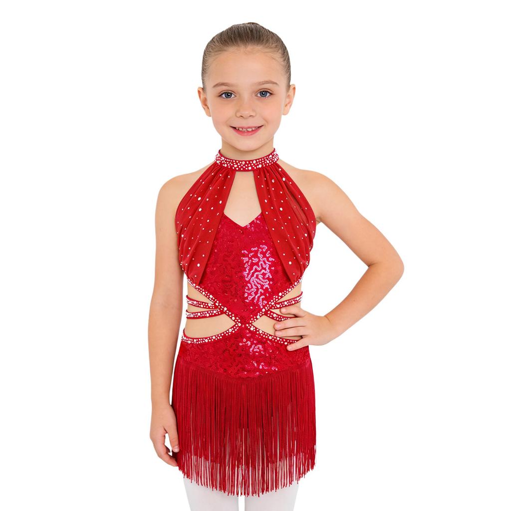 Dziewczęca Sukienka do Tańca Latynoamerykańskiego Bez Rękawów Marszczona Siateczkowa Góra Wycięcie w Talii Paski Błyszczące Frędzle Cyrkonie Płatki Sequins Body