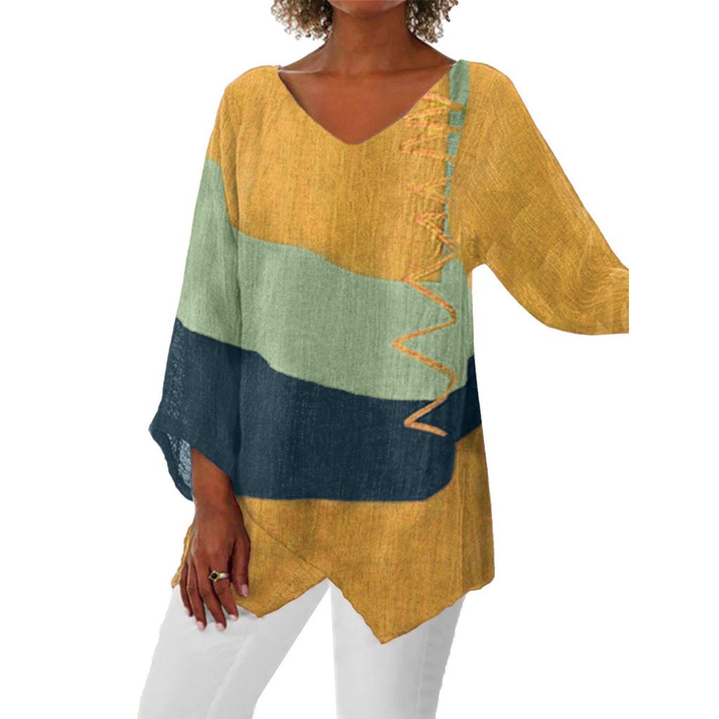 Women Casual Loose Fit Printed Long Sleeve Top V Neck Irregular Hemline Pullover Blouse Lightweight Comfortable
