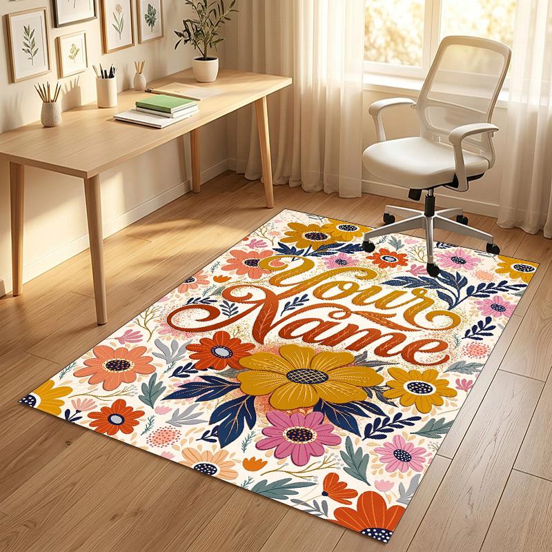 Floral Artwork Theme Soft Crystal Velvet Rug Custom Name & Text Print Non Slip Floor Rug for Bedroom Living Room