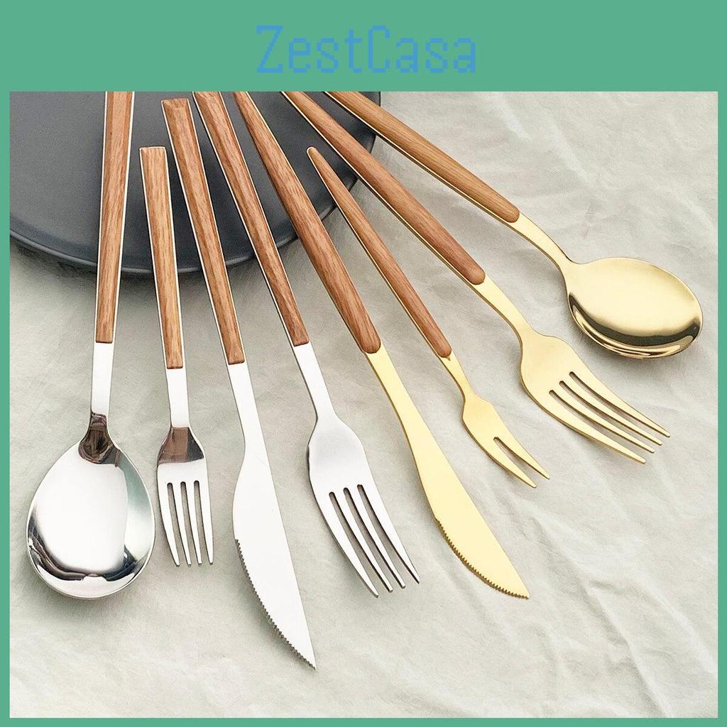 Cutlery Set 4pcs Gold Stainless Steel Dinnerware Wooden Handle Tableware Glossy Knife Fork Spoon Western Kitchen Silverware Set