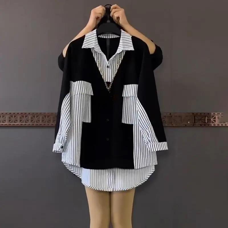 Women's Fashionable Korean Striped Patchwork Shirt Long Sleeve Blouse Casual Versatile Loose Single Breasted Women's Clothing