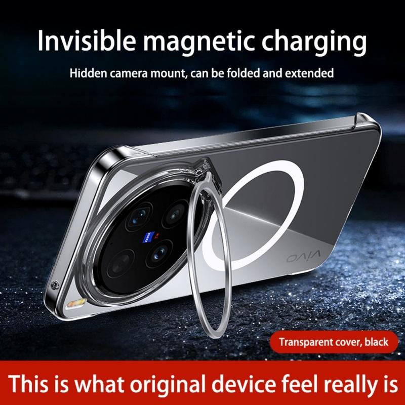 Frameless For Magsafe Metal Camera Fold Stand Holder Phone Case For VIVO X300 S Pro Ultra Magnetic Wireless Charge Bumper Cover