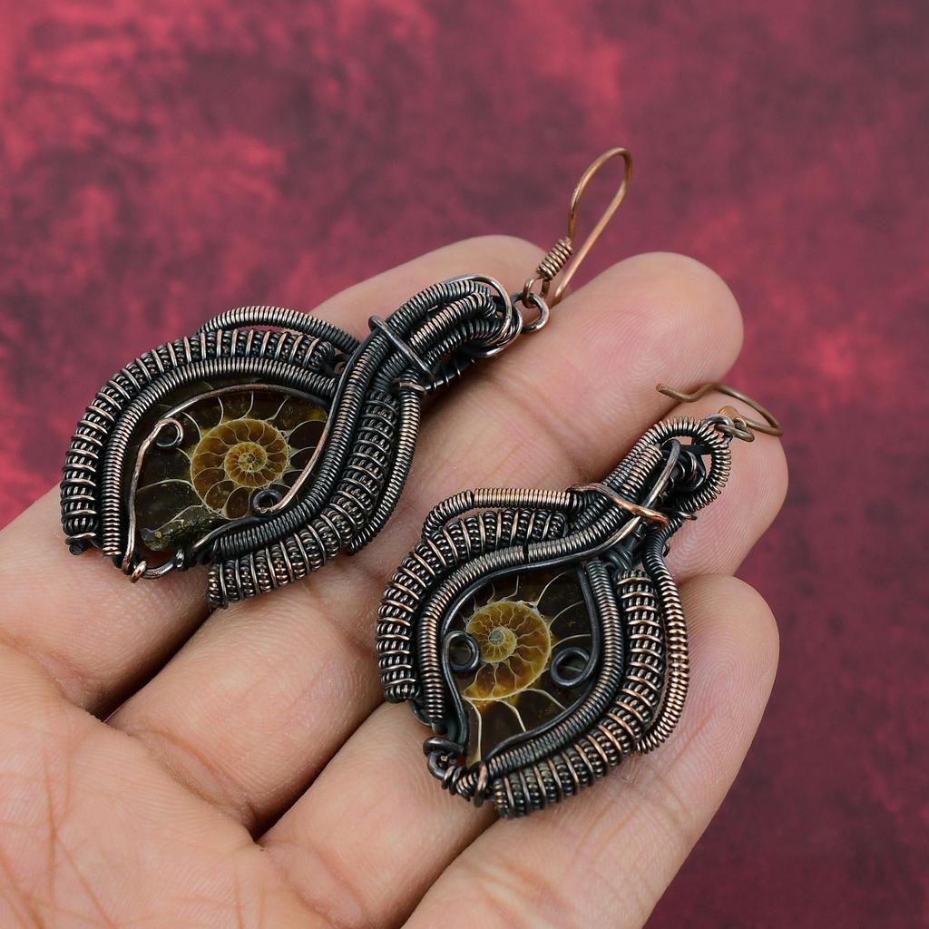 Ammonite Fossil Earring Copper Wire Wrapped Earring Handmade Copper Jewelry Original Gemstone Earring Wire Wrapping Jewelry Gifts For Mother