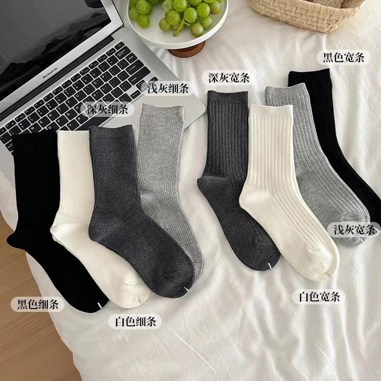 Gray Socks, Women'S Mid-Leg Socks, Spring And Autumn Cotton Socks, Long White Summer Thin Socks, Stacked Socks With Small Leather Shoes