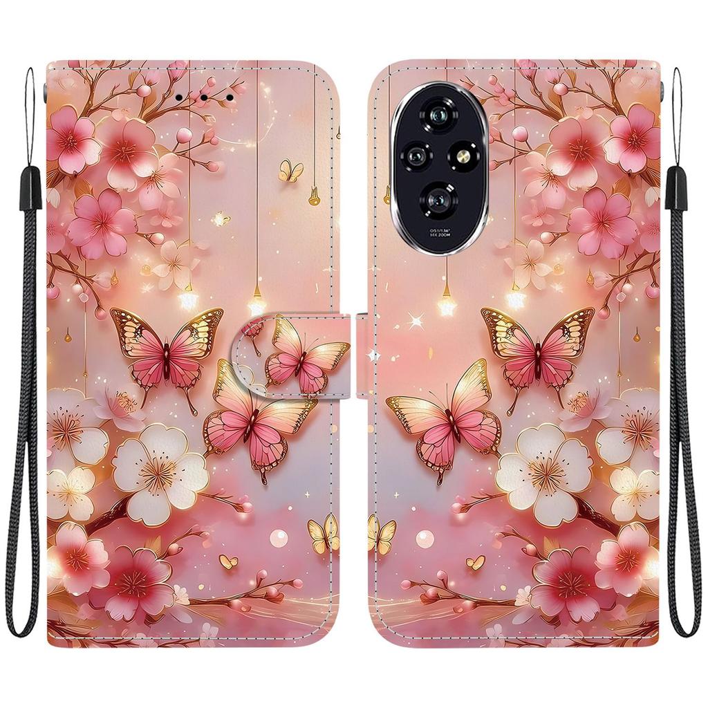 Handmade PU Leather Flip Case for Honor 200/ Honor 200 Pro/ Honor 200 Lite Anti-Slip Shockproof Cover with Wrist Strap & Heart/Rose Cat Designs