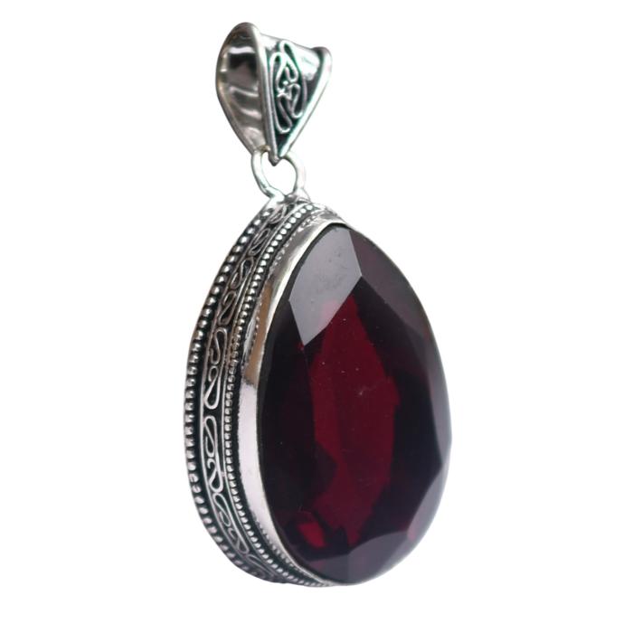 Red Garnet Hydro Gemstone Antique Silver Plated Pendant 2" J 2039