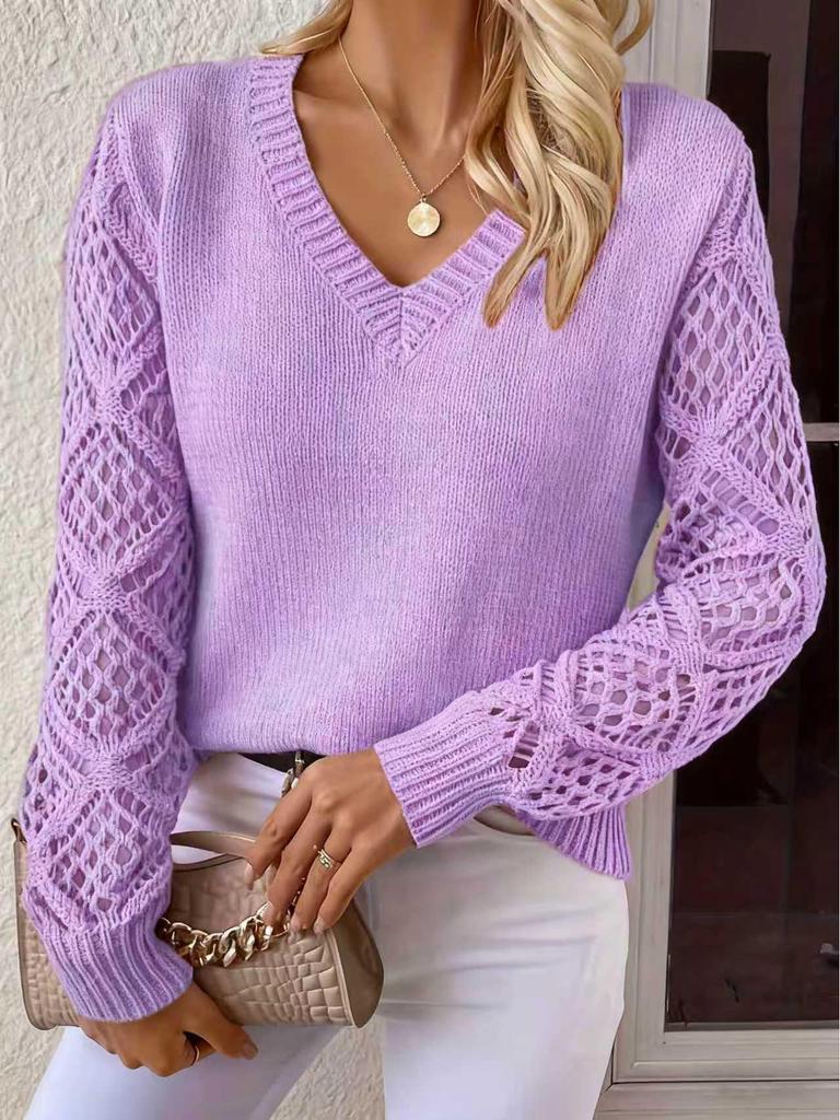 V-Neck Crochet Jacquard Sweater: Women's Loose Fit, Long Sleeve Pullover for Spring & Autumn