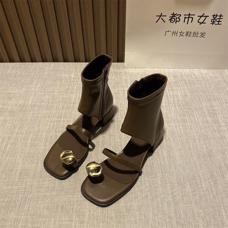 Fashion Design Sensation Black Sandals Women 2025Summer Square Head Thick Heel Bootie Hollow Out Side Zipper Toe Short Boot Korean Style