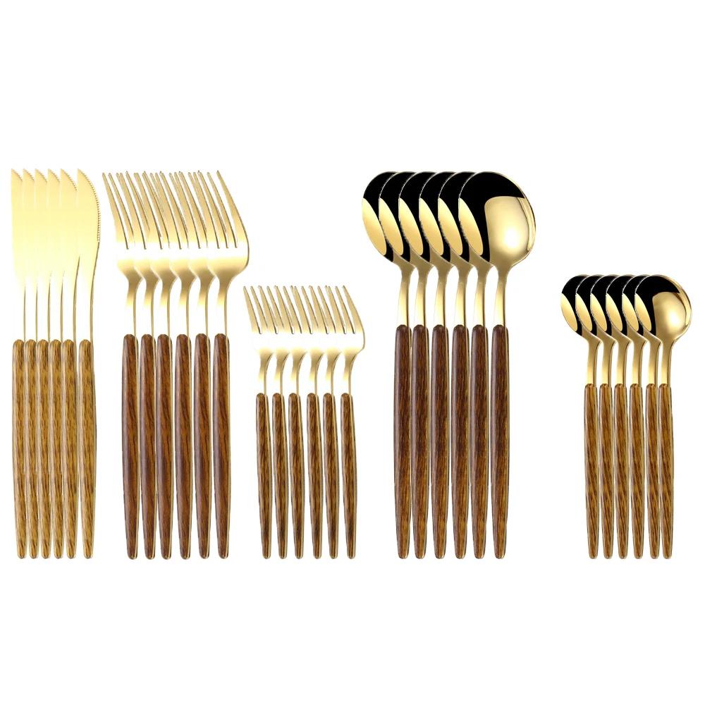 

30 шт. Посуда из нержавеющей стали с имитацией деревянной ручки, нож, кофейная ложка, вилка, набор столовых приборов, столовая посуда, серебро, обеденный стол золотой