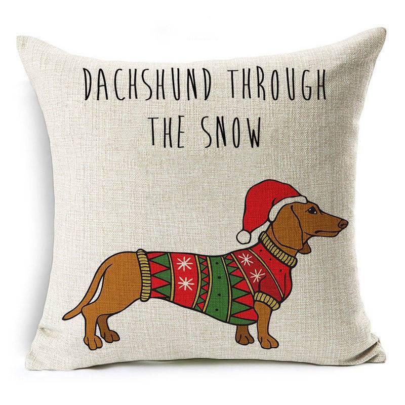 Luxurious 18'' Dachshund Printed Christmas Linen Cushion Cover For Chic Home Decor