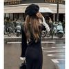 Autumn and Winter Flared Sleeve V-neck Knitted Dress Fashionable Splicing Contrasting Buttons Long Tight Skirt Sweater Skirt