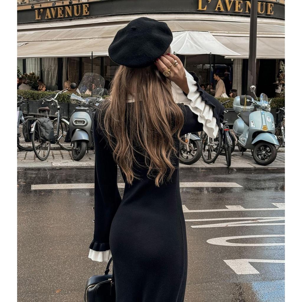 Autumn and Winter Flared Sleeve V-neck Knitted Dress Fashionable Splicing Contrasting Buttons Long Tight Skirt Sweater Skirt