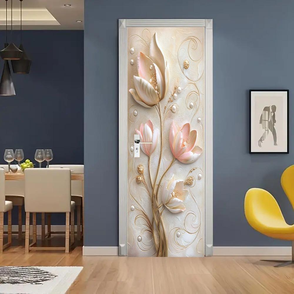 Modern Embossed Floral Jewelry Poster Door Sticker, Abstract Art Door Sticker, PVC Self-adhesive Removable Door Sticker.