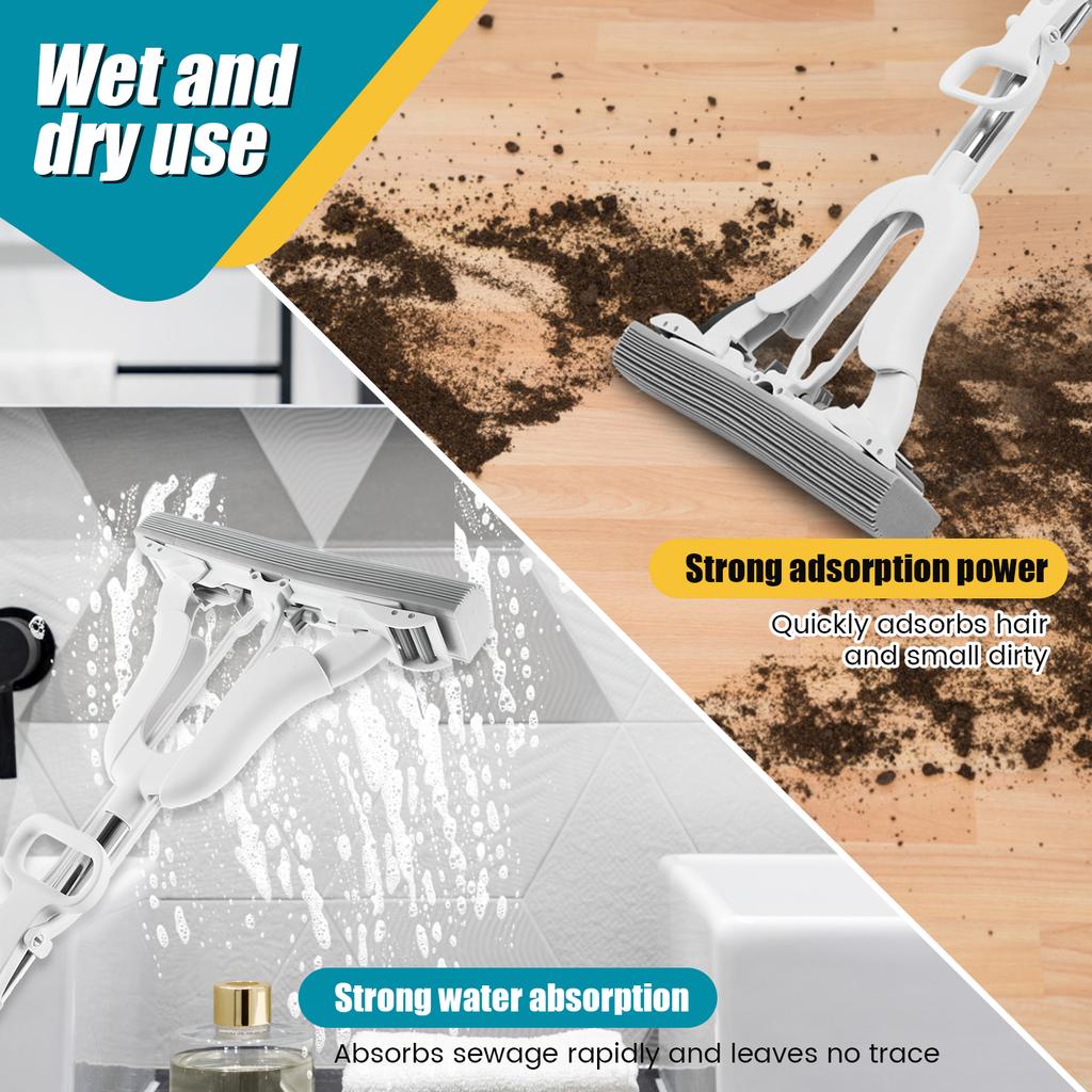 Schwammmopp zum Bodenreinigen, freies Händewaschen, Baumwollkopf zum Ausdrücken, ersetzt supersaugfähigen Schwamm-Rollmopp für Nass- und Trockengebrauch