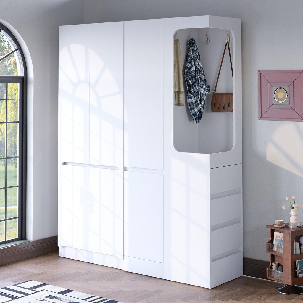 Extra Large Wardrobe 140 x 40 x 170 cm, with Drawers and Storage Compartments, Open Clothes Area with Storage Space, White (on the Right Side)