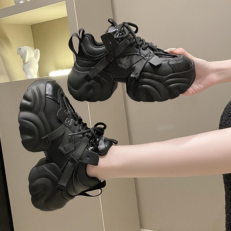 Fashion 7.5CM Women High Platform Sneakers Autumn Winter Lace-up Chunky Shoes Heels Thick Sole Casual Shoes Woman Sport Leather Sneakers