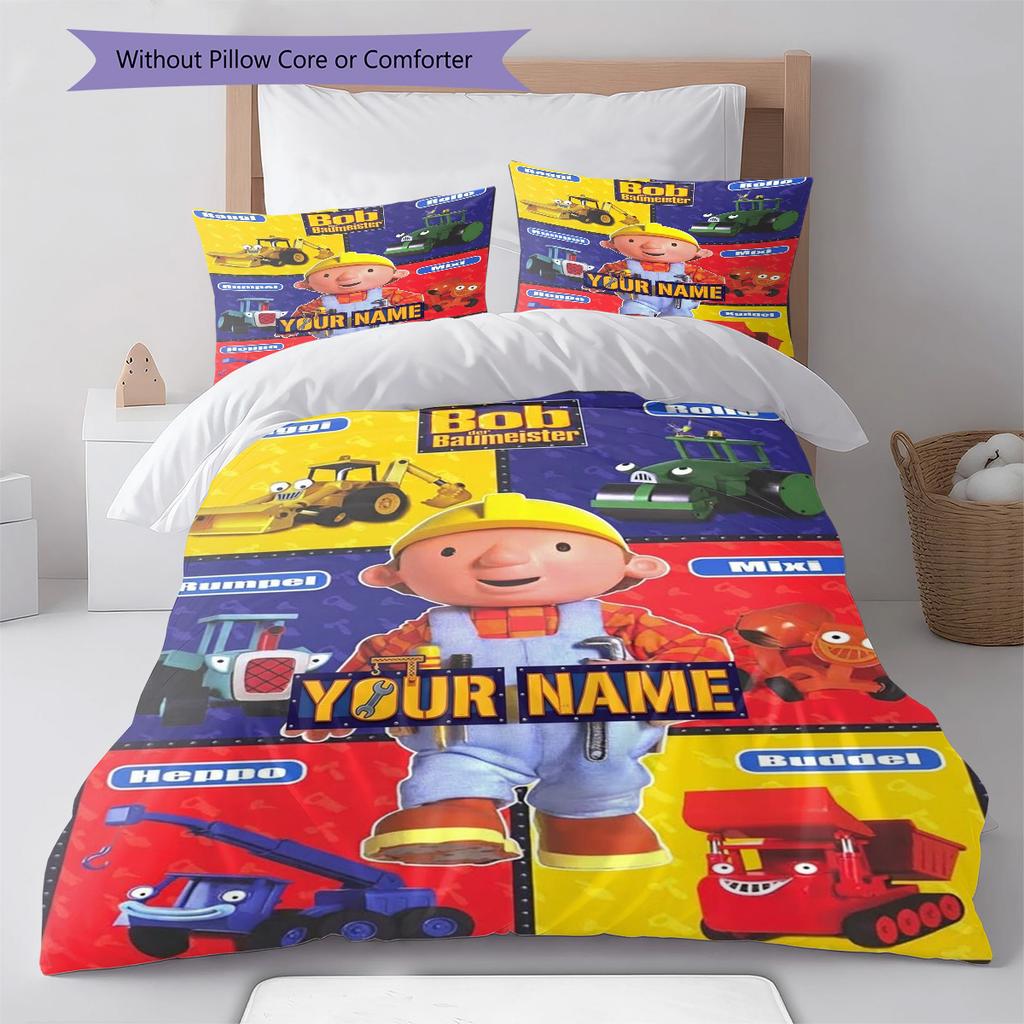 Bob Builder Theme Custom Name Pattern Bedding Quilt Set Quilt Cover Pillowcase Home Birthday Gift(1 * duvet cover + 2 * pillowcase, without core)