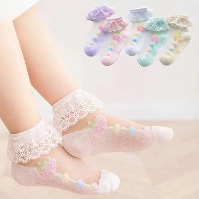 Lot de 5 paires de chaussettes courtes en dentelle pour bébé fille, à volants, en maille, ultra fines et respirantes, motif fraise