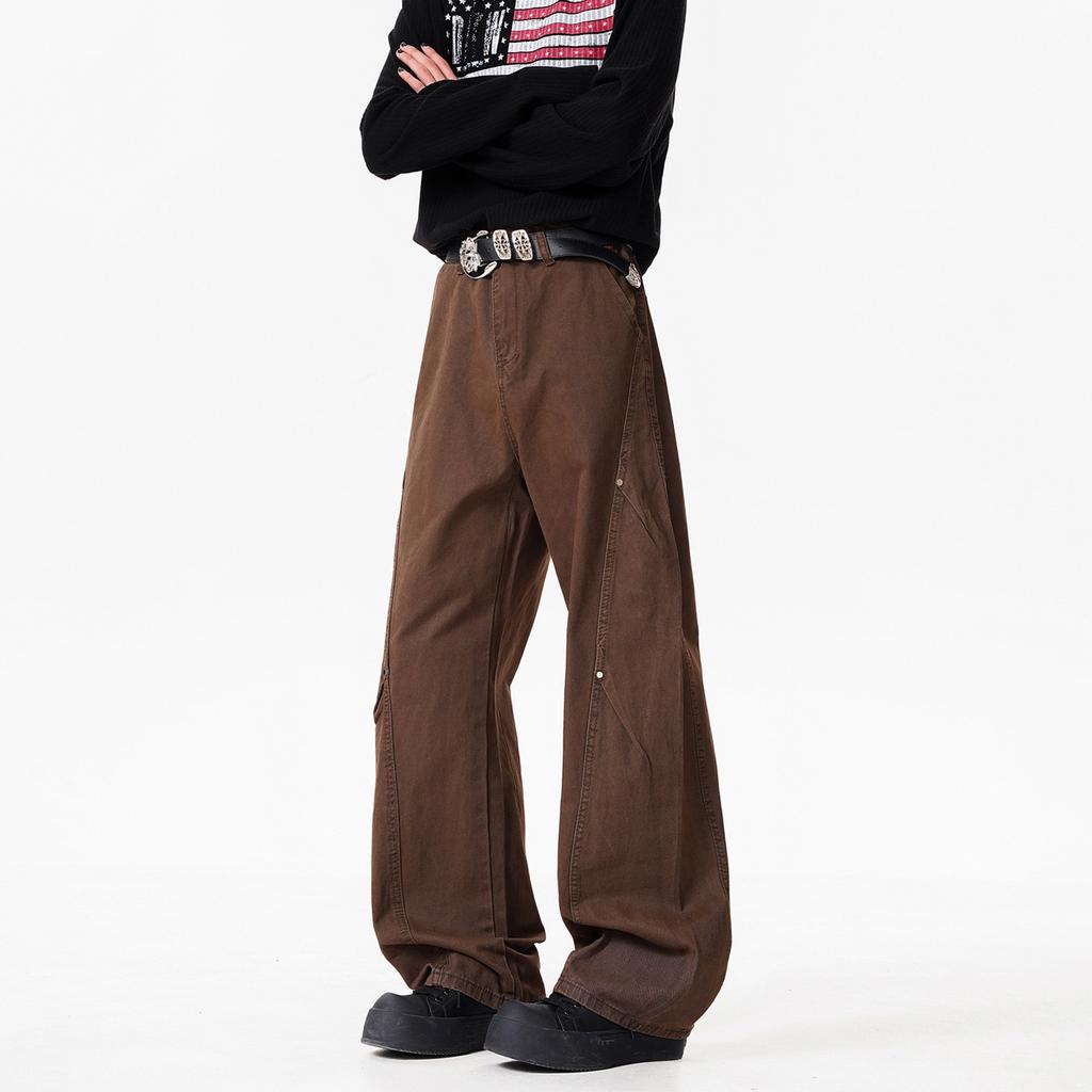 Brown cleanfit wide-leg jeans men's American high street vibe tooling pants slim straight trousers