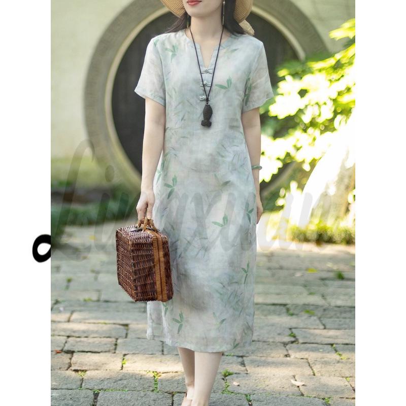 Women s Chinese Style Bamboo Print V-Neck A-Line Dress Extra Large