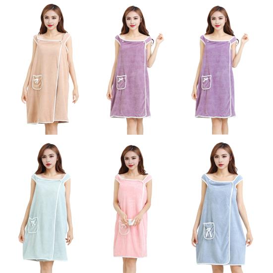 Yousheng Women Bath Wrap Coral Velvet Bath Dress Quick Dry Towel with Bowknot Pocket Absorbent Bath Towel for Home Hotel Dormitory