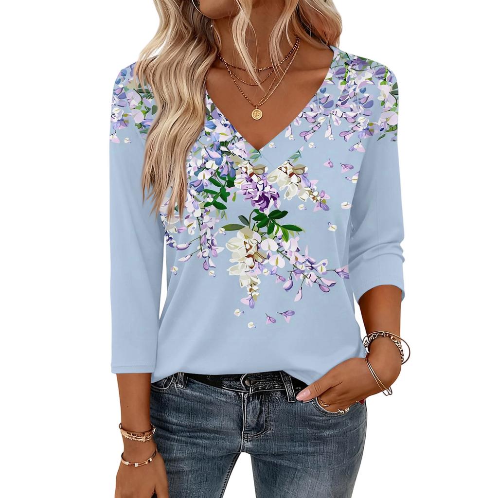 Damenoberteile mit 3/4-Ärmeln V-Ausschnitt Hemd Lässige Bluse Basic T-Shirts