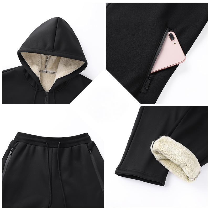 Large Size 5XL Men's Stretch Cold Proof Sportswear Set Top Hooded Sportswear Loose Warm Solid Color 1 Set Of Clothes