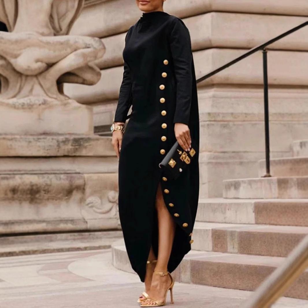 

Женские черные вечерние платья на пуговицах с разрезом по бокам, высоким воротом и длинными рукавами, оригинальное длинное платье на день рождения для женщин 2XL чёрный