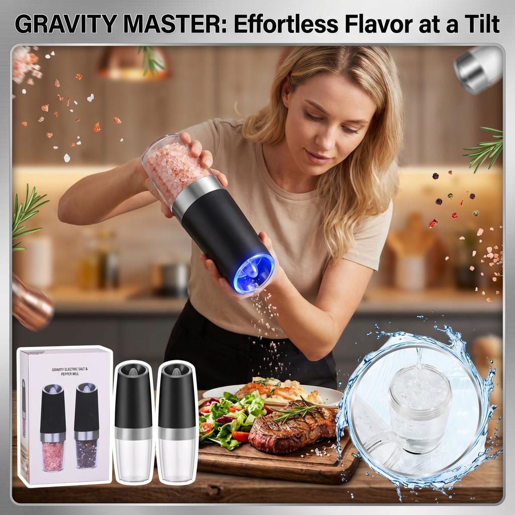 Gravity Electric Salt and Pepper Mill Set Battery Operated Automatic Grinder Adjustable Coarseness for Kitchen Dining Table Use