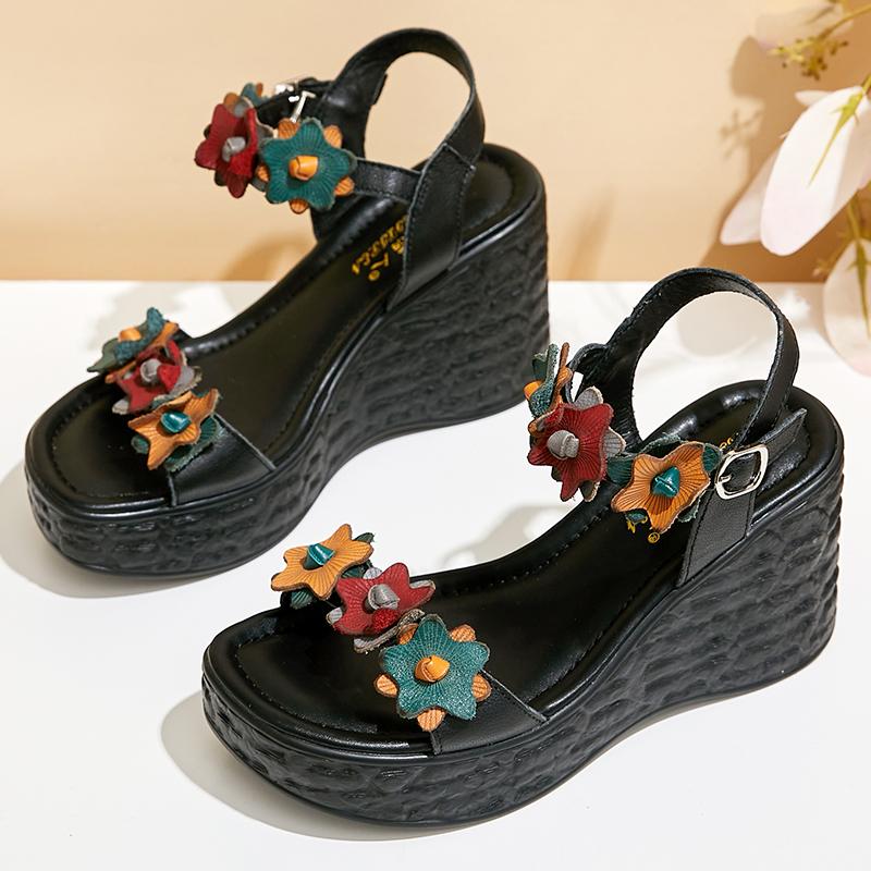 Fashion GKTINOO Genuine Leather Retro High Heels Sandals Women Shoes Buckle Strap 2025 New Spring Summer Wedges Lady Platform Sandals