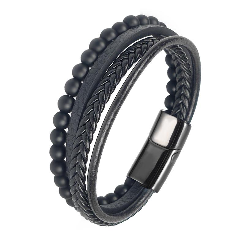 MingAo Charm Herrenschmuck Naturstein Mehrschichtiges Lederarmband Schwarzer Edelstahl Magnetischer Verschluss Tigerauge Perlenarmband