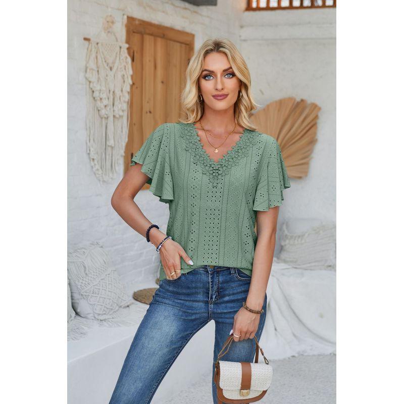 Lace V-neck T-shirt with Lotus Leaf Sleeves Lace V-neck Ruffle T-shirt