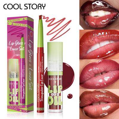 2 Stück Lipgloss & Lipliner Set Lippen-Kit Natürlich Nude Lippenglanz Wasserdicht Langhaftend Lippenöl Flüssiger Lippenstift Lipliner-Kombination