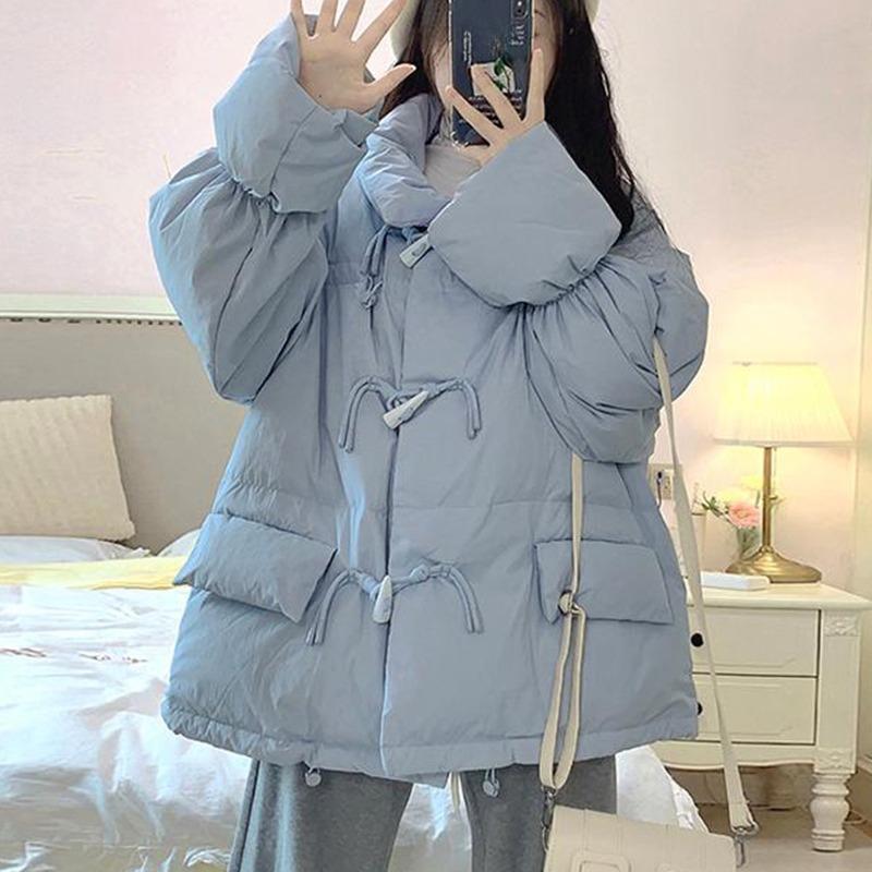 

Корейское хлопковое пальто-пуховик женское короткое новое корейское свободное хлопковое пальто с роговыми пуговицами пальто-хлеб XXXL светло-синий