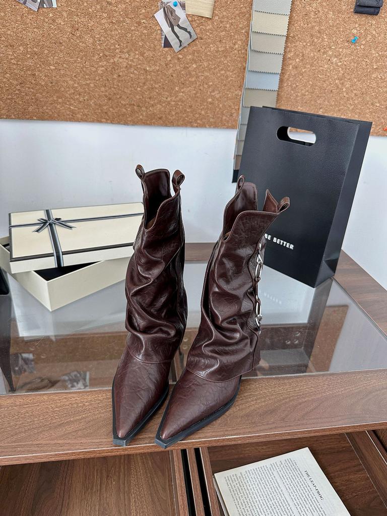 2025 autumn and winter new pointed thick high-heeled trouser boots temperament thin French fashion medium boots women's boots