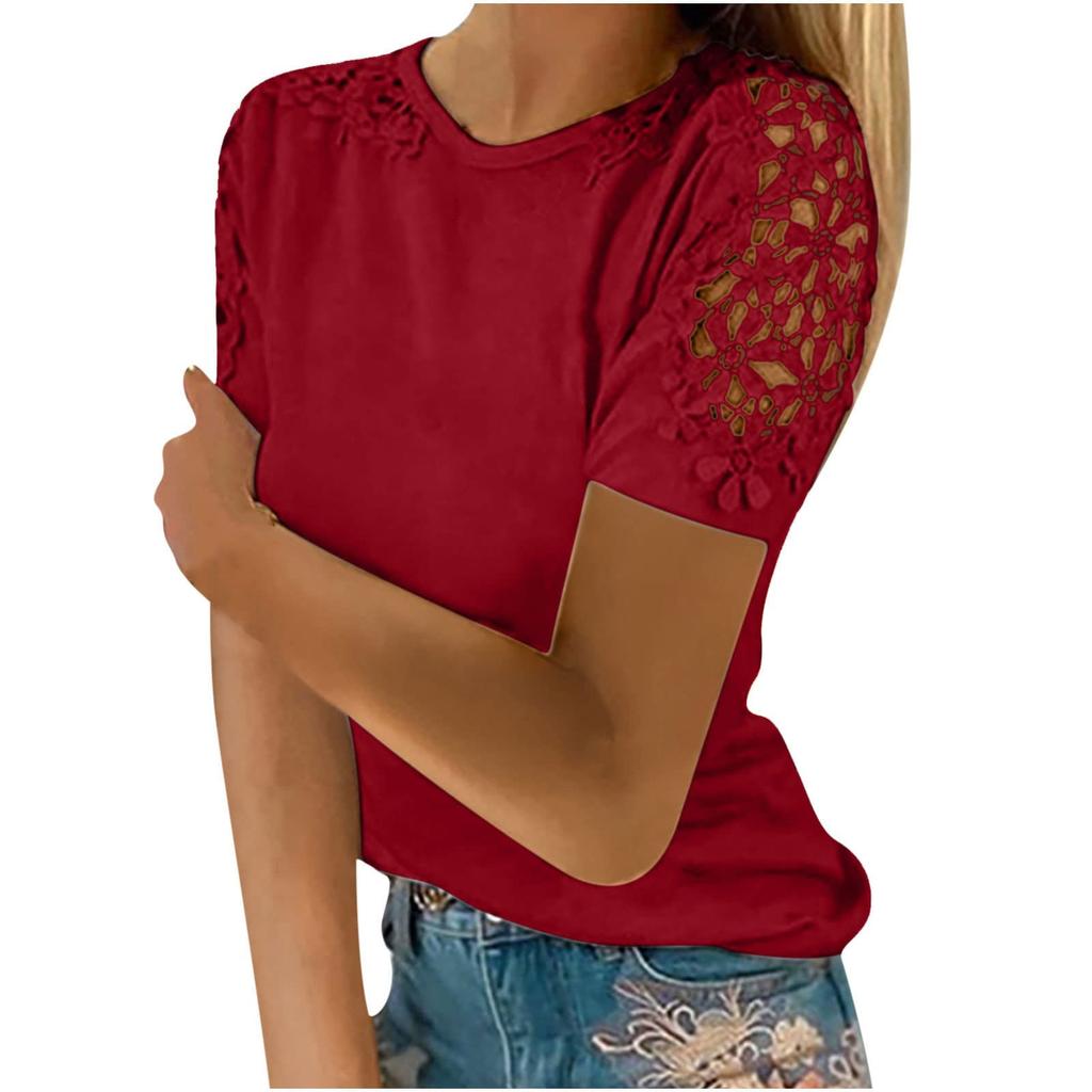 Women's Fashion Lace Hollow Colour Round Neck Short Sleeve T-ShirtTop
