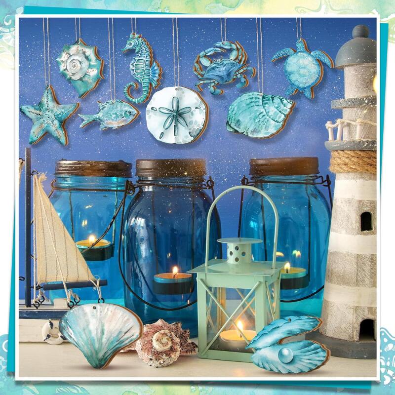 20pcs Summer Ocean Animals Ornaments Summer Ornaments for Tree Wooden Beach Hanging Ornaments Ocean Themed Ornaments Decorations