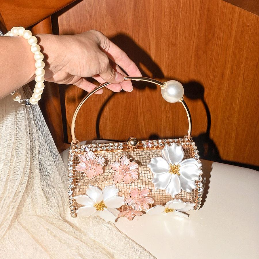 Metal Diamond-encrusted Flower Pearl Vegetable Basket Bag Dinner Diamond Light Luxury Bucket Hand-held Cylinder Messenger Bag