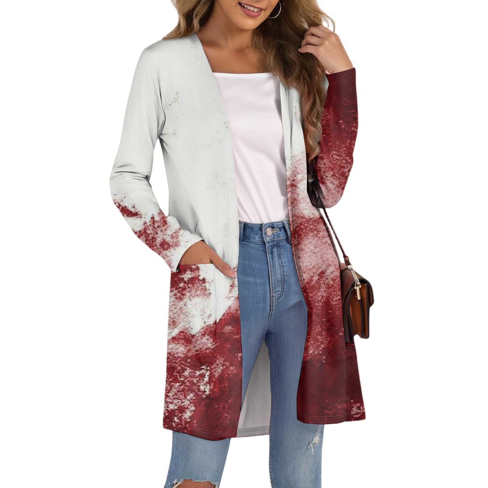 

Women s Fashion Casual Comfortable Halloween Printed Mid-Length Cardigan With Pockets Jacket M червоний