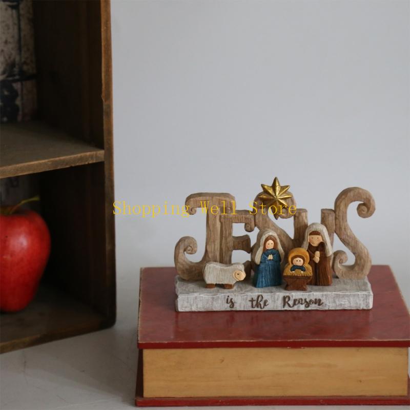 

KX4B Elegant Nativity Scene Statue Resins Craft Vintage Holy Family Sculpture with Base Holiday Homes Church Tabletop Decors CN