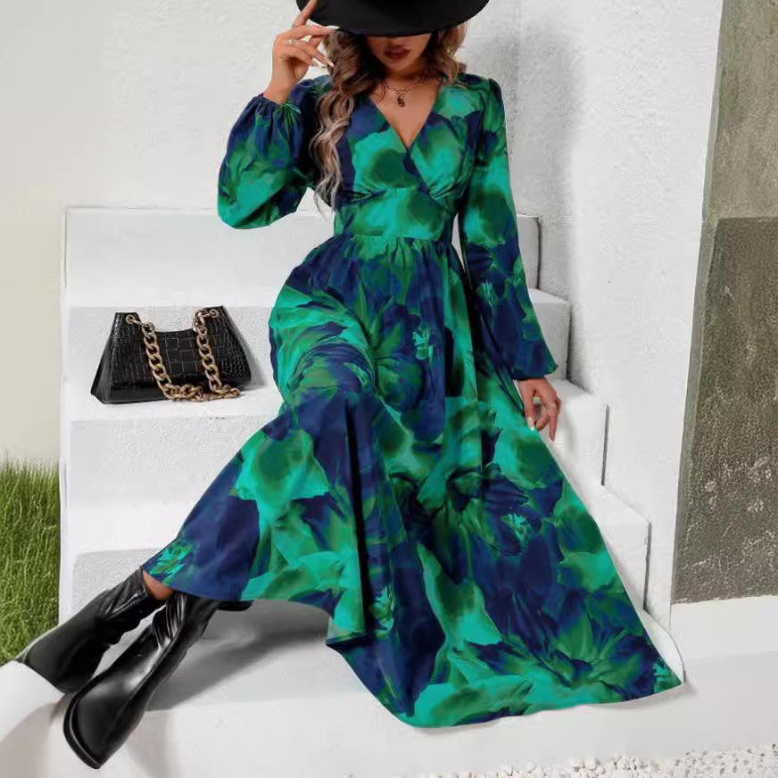 Sping Autumn Bohemian Women Maxi Dress Casual Long Sleeve High Waist V-neck Beach Woman Chiffon Dresses Floral Vestidoes Mujer